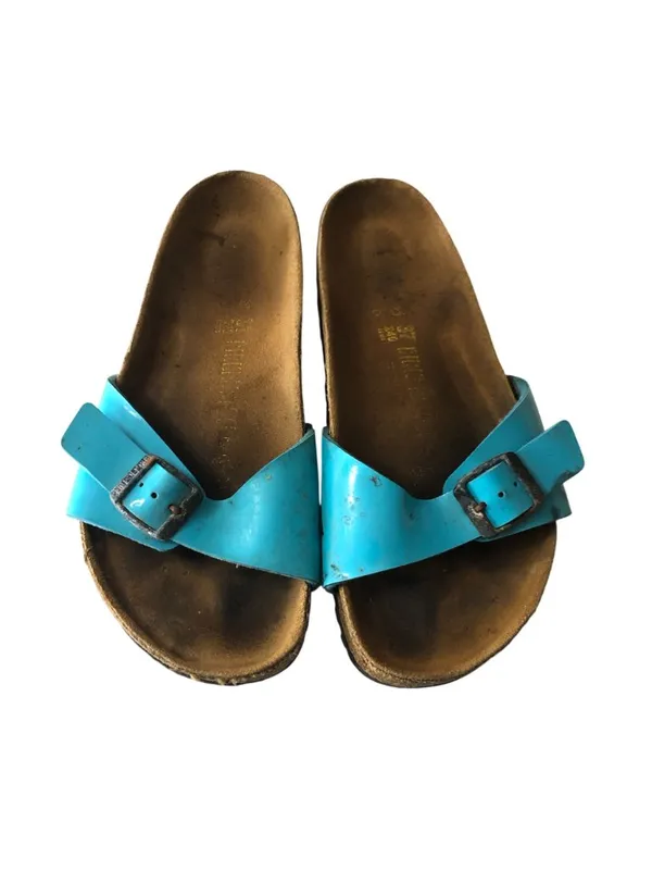 Birkenstock Madrid Slide Sandals Glossy Patent Birko-Flor Turquoise Blue 37 US 6 - Image 3