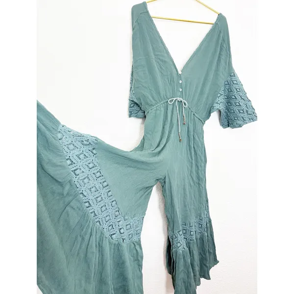 Free People Angela Jumpsuit Dried Pine Crochet Jumper Large Flowy Bohemian - Image 11