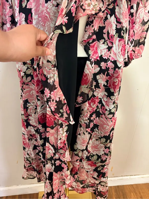 Bardot Floral Wrap Maxi Dress Ruffle Side Slit Black Pink Size M - Image 5