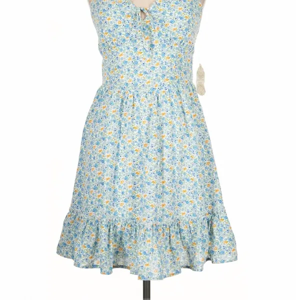 Altar'd State White Blue Eloise Floral Mini Dress Ruffle Hem Large Cottagecore - Image 4