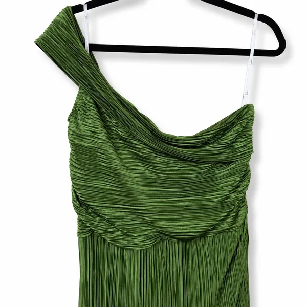 NEW Lulus Poised Performance Olive Green Plisse One-Shoulder Maxi Dress Large - Image 6