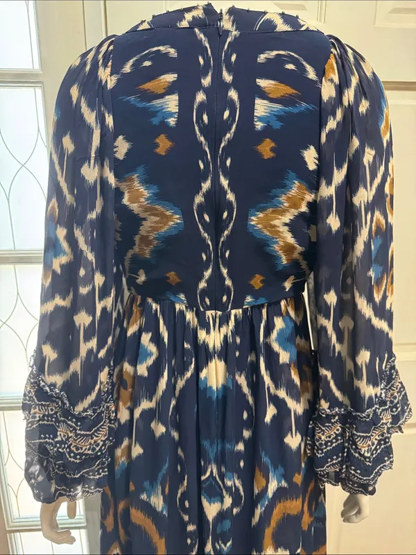 FARM Rio Pineapple Blue Ikat Maxi Dress Boho Long Sleeve Altered Length Small - Image 12