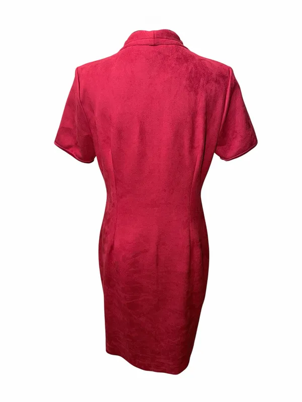 Tahari Madeline Dress Red Solid Sheath V-Neck Short Sleeve Zip Front Knee Length - Image 3