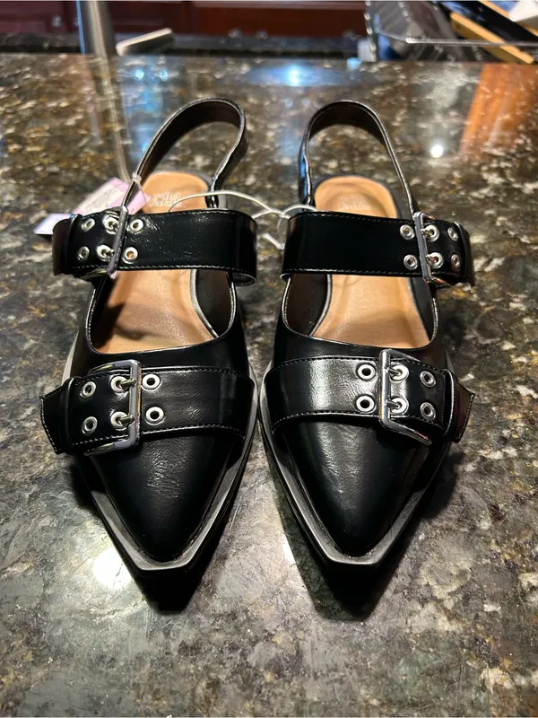 Size 8 Peyton Double Buckle black Slingback Flats by wild‎ fable alt punk rock - Image 5