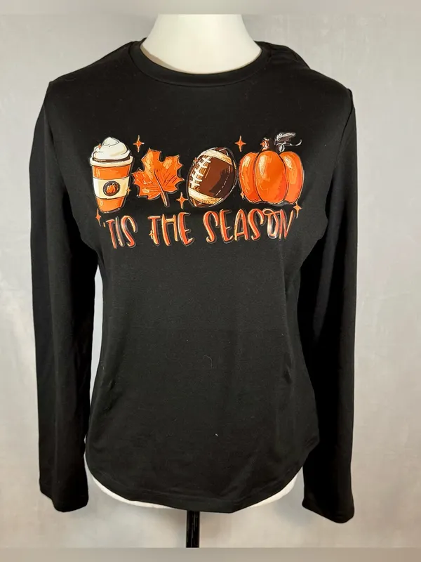 Tis the Season Fall Football Pumpkin Spice long sleeve black tshirt size XL - Image 2