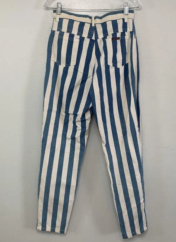 Vintage 90s Sasson Blue White Vertical Striped High Waisted Mom Jeans Size 7 - Image 7