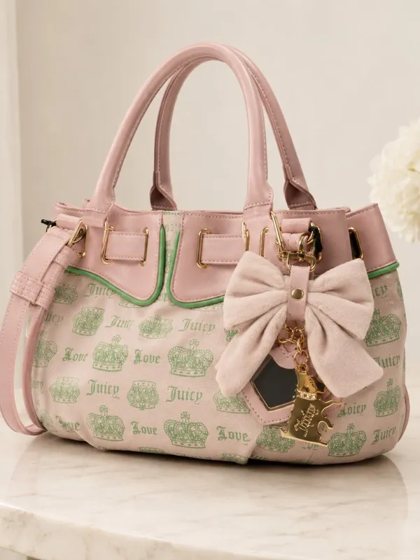 Juicy Couture Crown Love Tote Blush Pink Green Bow Charm NWT - Image 2