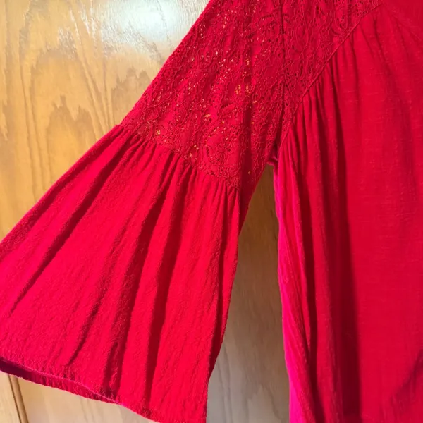 Knox Rose‎ Womens XXL Red Lace Bell Sleeve Tie Front Button Down Boho Blouse - Image 4
