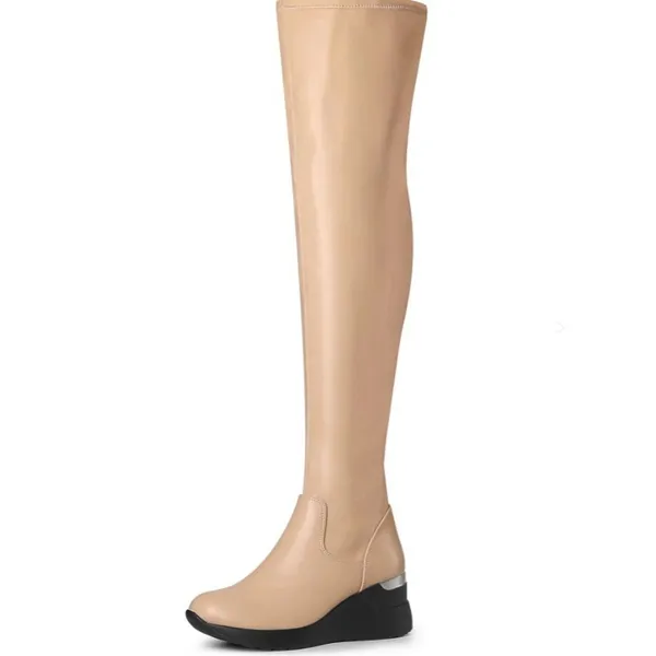 NEW Allegra K Over The Knee Boots Womens 8 Tan Wedge Chunky Heel Thigh‎ High - Image 3