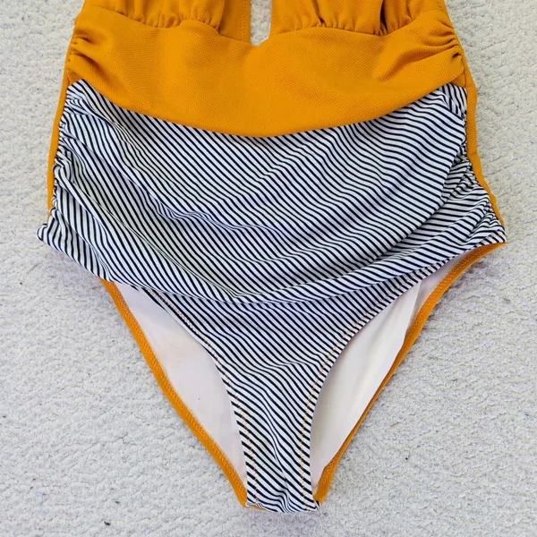 Cupshe Mustard Yellow Striped Halter One Piece Swimsuit XL AB31084M‎ NEW - Image 8