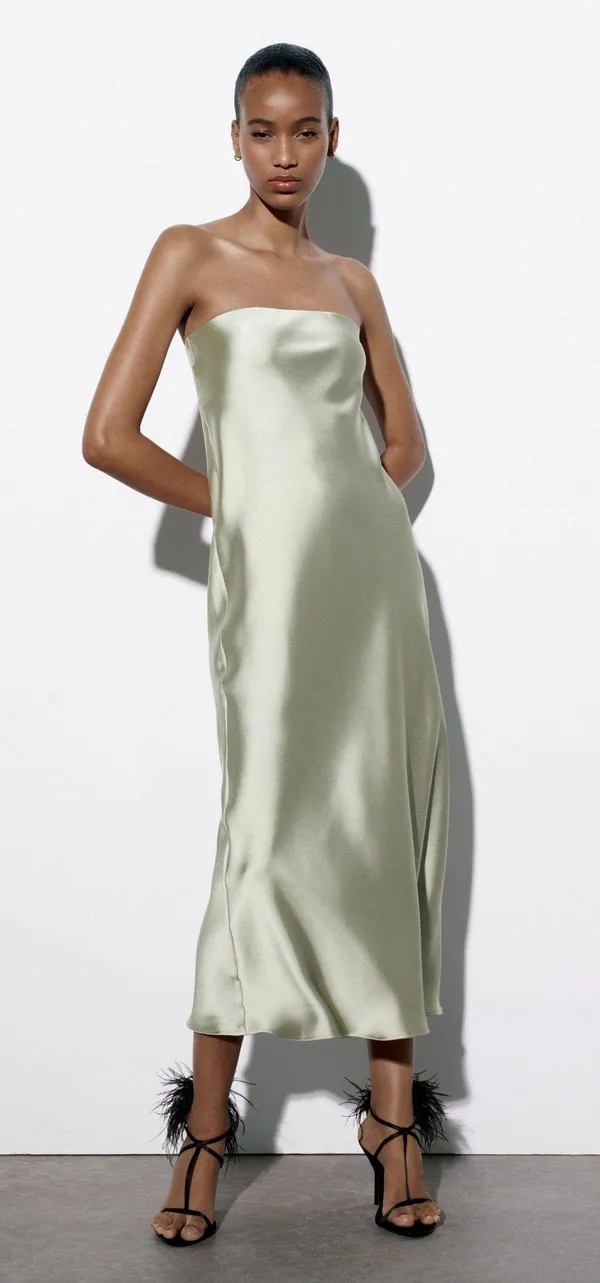 ZARA midi dress satin sleeveless tube olive green wedding party summer - Image 9