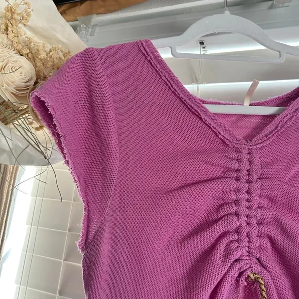 Free People boho Fairycore Pink Ruched cutout Drawstring knit Top Size Medium - Image 3