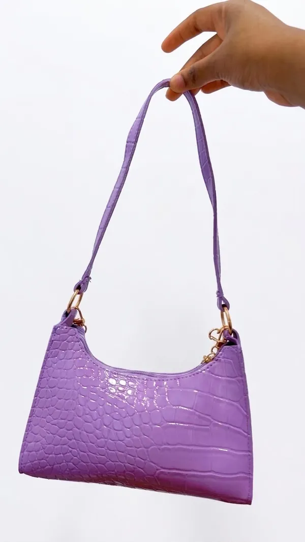 Purple Crocodile Embossed Shoulder Bag with Charm Chain & Pom Pom Details - Image 3