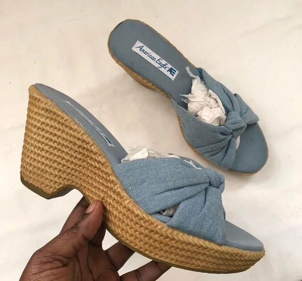 Y2K blue jean denim fabric chunky platform wedge sandals open toe heels brown espadrilles front tie knot - Size 8 #indie #hippie #hobo #boho #festival retro - Image 3