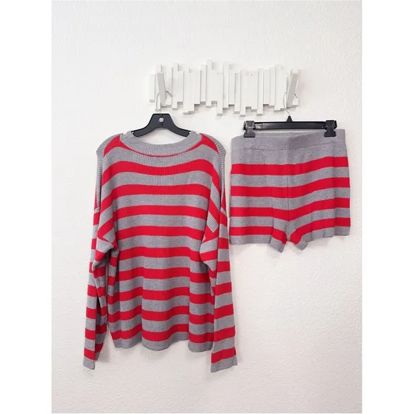 Miss Sparkling Two Pieces Striped Long Sleeve Comfy Lounge Set Gray Red NWOT - Image 6