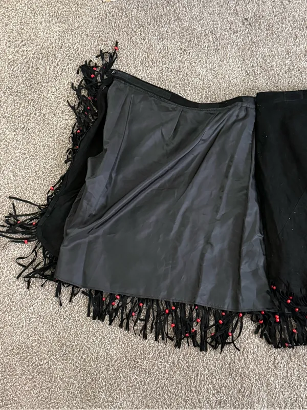 Vintage Black Suede Fringe Red Bead Western Wrap Midi Skirt L XL Cowgirl - Image 8