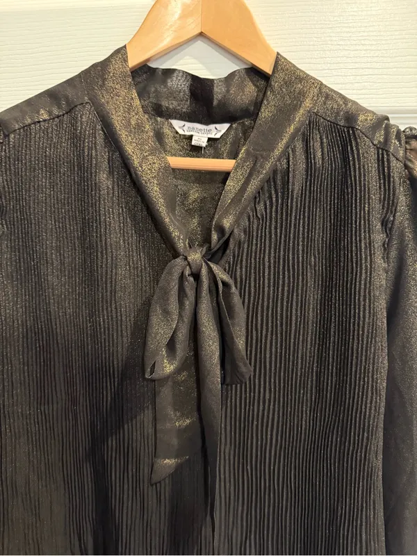 Nanette Lepore Metallic Shimmer Black Gold Pleated Bow Neck Top - Image 5