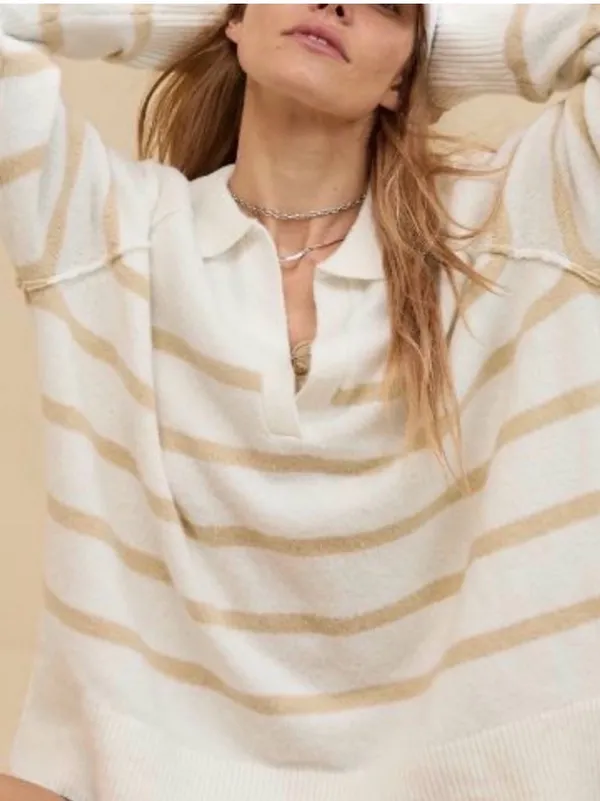 Aerie unREAL Oversized Classic Fit Stripe Pull Over V-Neck Polo Sweater XS Soft - Image 2