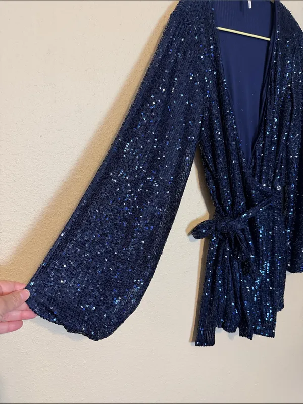 Free People Christa Long Sleeve‎ Sequin Romper Navy Blue Size XS - Image 5