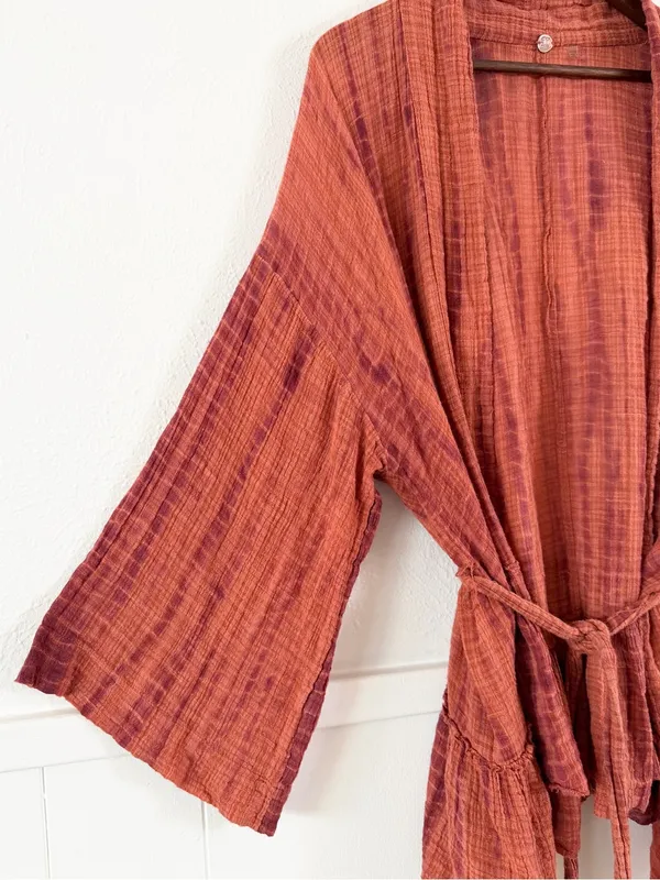 Free People Womens XS/S Tie Dye Kimono Jacket Cotton Gauze Belted Boho Rust - Image 5