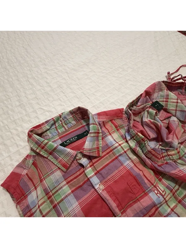 Lauren Ralph Lauren Plaid Multi Color Pajama Button Up Shirt & Shorts Set Medium - Image 6