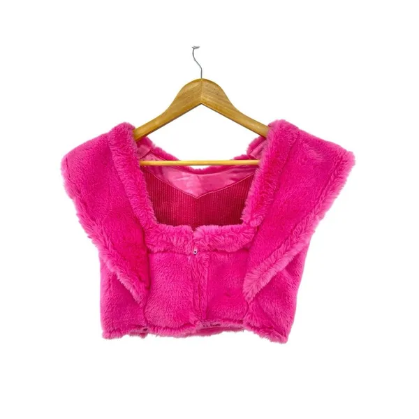 KOCH Women's Size Small Cecilia Top Pink Faux Fur‎ Crop Ruffle Sleeve GUC - Image 3