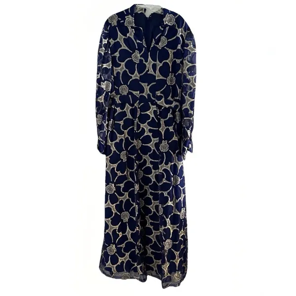 VTG CLIFTON WILHITE 18 Blue Metallic Floral Long Sleeve Gown Couture Dress - Image 14