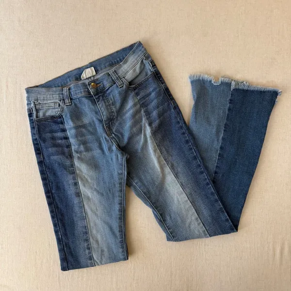 LITZ Premium Denim Two Tone Flare Jeans Blue Panel‎ Raw Hem Size 27 - Image 7
