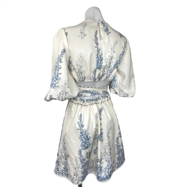 Shein White Plants Print Cut Out Tie Back Lantern Sleeve Boho A Line Dress Sz S - Image 5