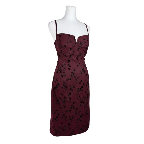 Vintage Y2K La Belle Burgundy & Black Floral Print Sleeveless Bodycon Midi Dress - Image 6