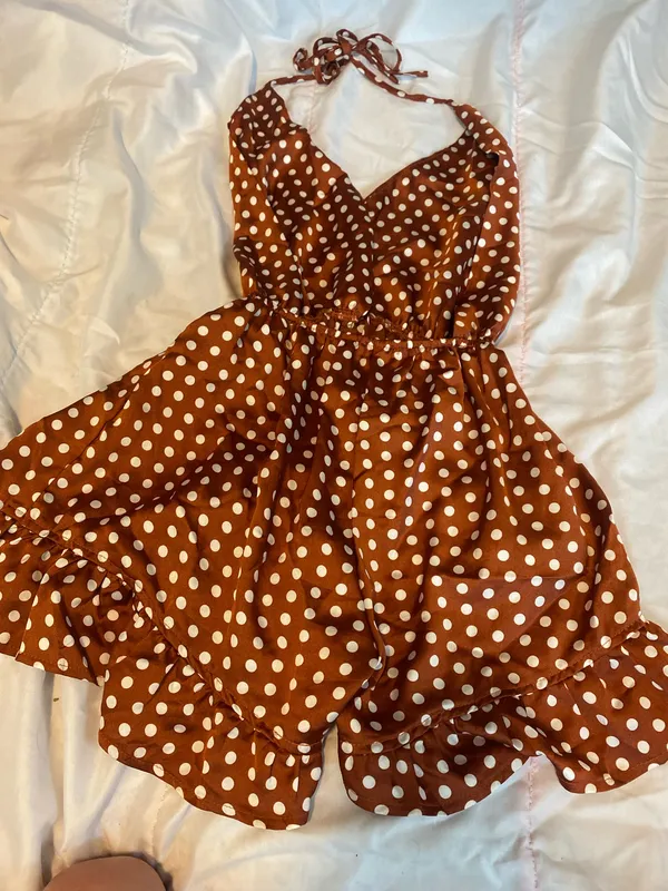 polka dot halter neck romper play suit in burnt orange - Image 8