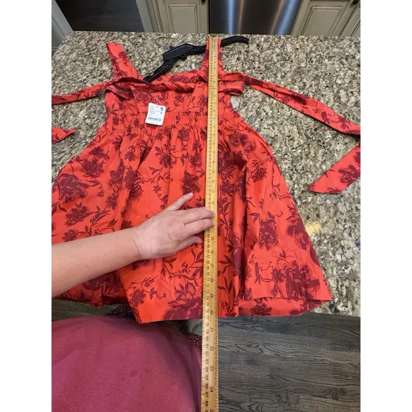 Free People Meet Me In Maui Red Printed Dress Size Medium Pinafore Bow - Image 11