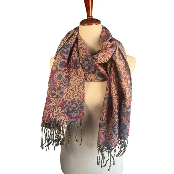 Burgundy Blue Paisley Floral Woven Scarf Shawl Fringe Wrap Boho - Image 4