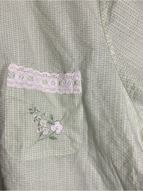Light Green Embroidered Cotton Button-Up Top‎ Cottage Fairy Whimsy lace size M - Image 5