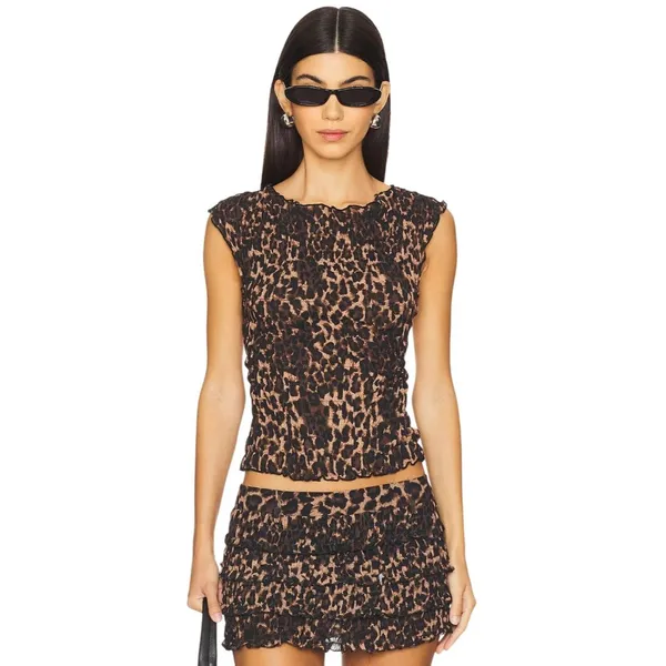 LIONESS Uno Tie Top in Leopard XXSmall Womens Sleeveless Tank - Image 3