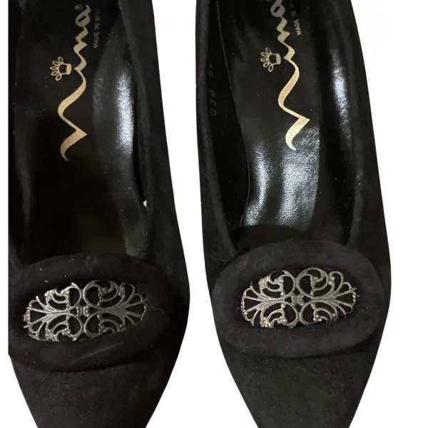 Nina Black Suede Pointed Toe Pumps Silver Filigree Size 6M Made in Spain - Image 2