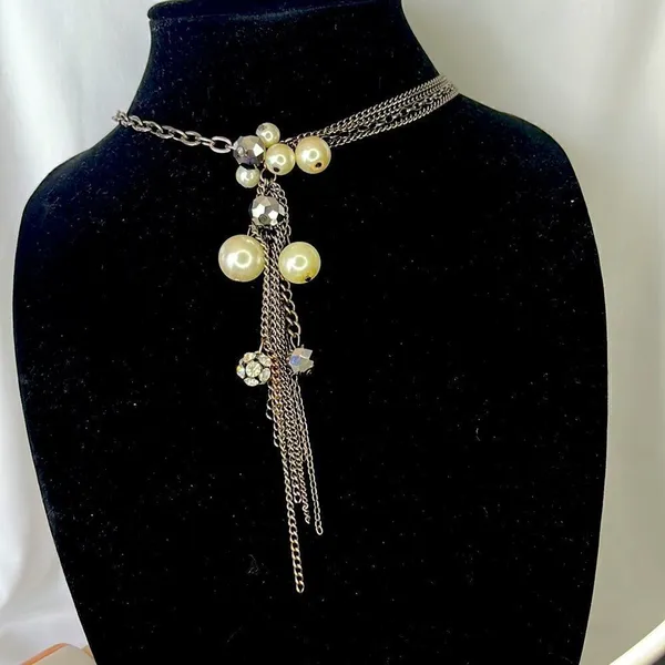 EXPRESS Multi-Textured Paperclip Chain Necklace with Faux Pearls and Disco Balls - Image 2