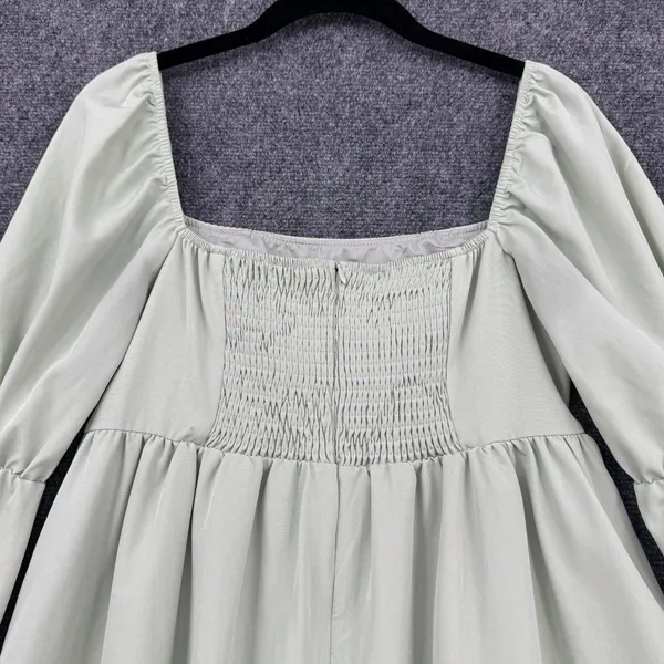 EXLURA Dress Sage Green Puff Sleeve Square Neck Smocked Back Mini Cottagecore M - Image 4