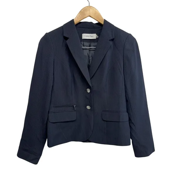 Calvin Klein Navy Blue Pinstripe Two Button Blazer Jacket Size 4P - Image 2