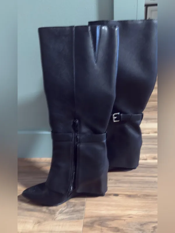 Target Black Women's Knee-High Heeled Boots with Buckle Strap - Image 2