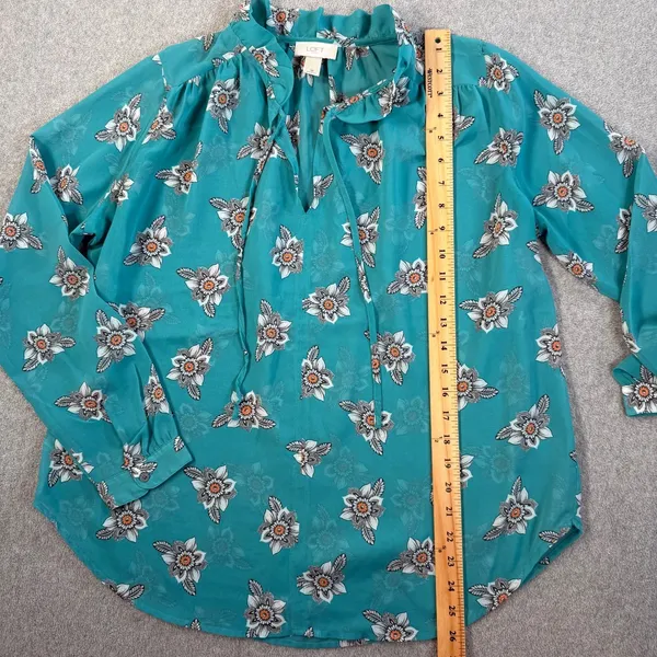 LOFT Outlet Women's Medium Sheer Teal Floral Ruffle Tie Neck Blouse Top - Image 7