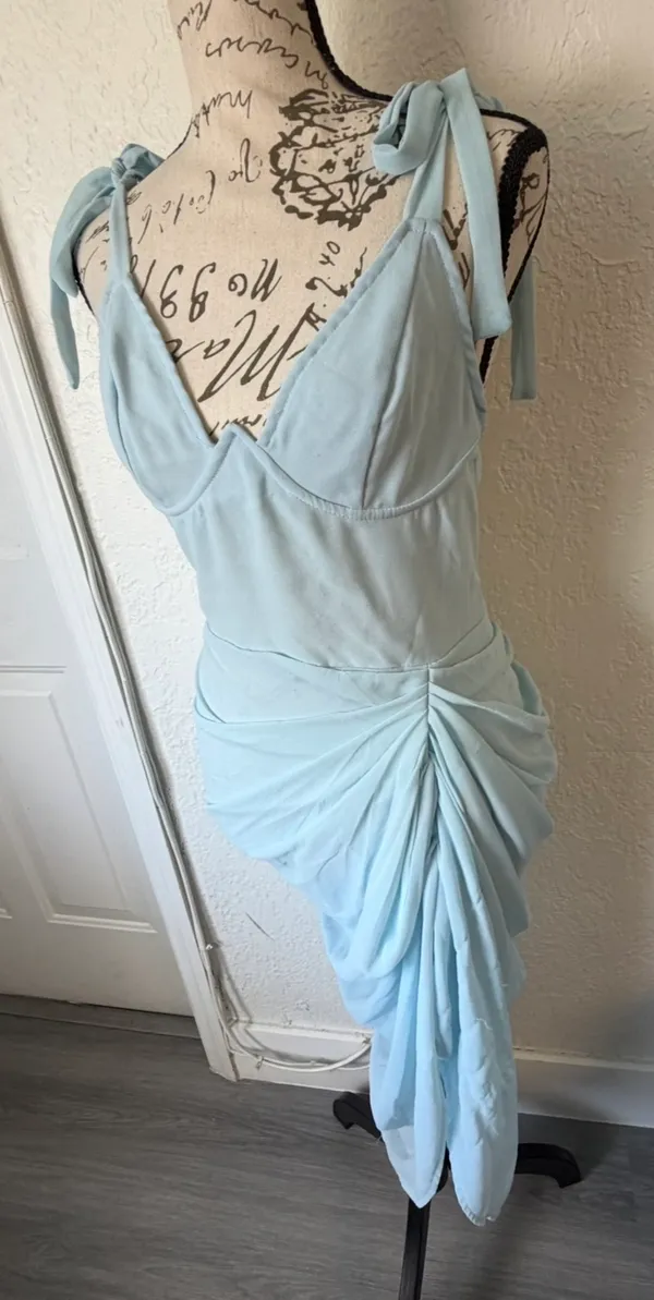 Pretty Little Thing Baby Blue Ruched Midi Dress | Romantic Wedding Guest Dress (US 2) - Image 8