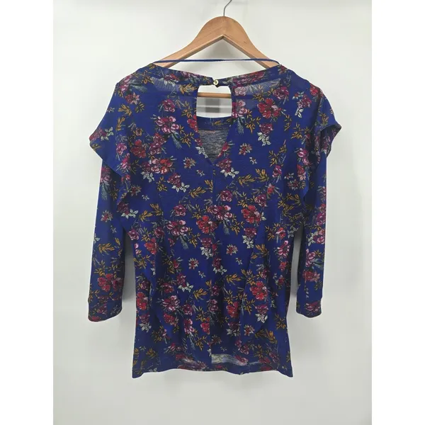 Free People Ruffle Front Top Womens S Blue Floral 3/4 Sleeve Knit‎ Keyhole Back - Image 3