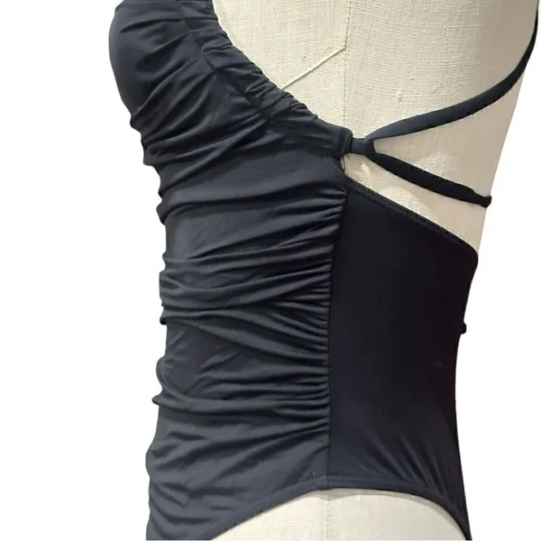 Solid Black Ruched Square Neck Cheeky One-Piece Swimsuit Size Medium - Image 6