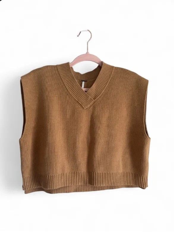 Free People Easy Street Vest Tan Cropped Camel Sweater Vest Rib Knit Preppy Sz M - Image 5