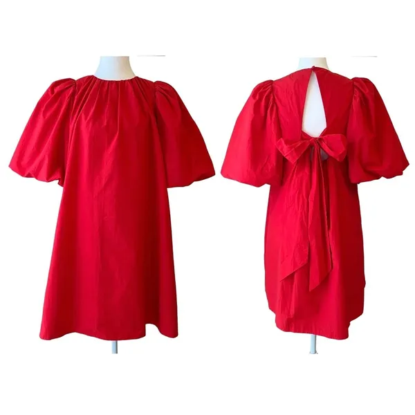 & Other Stories Bow Back Swing Dress 6 Mini Cutout Puff Sleeve Red Holiday NWT - Image 13