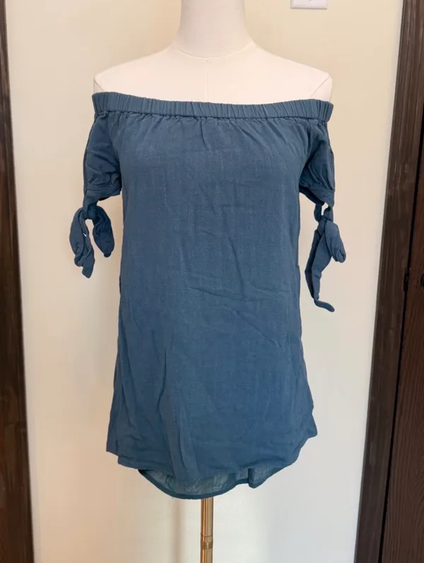 Lulus blue tie off the shoulder short sleeve blouse - Image 2