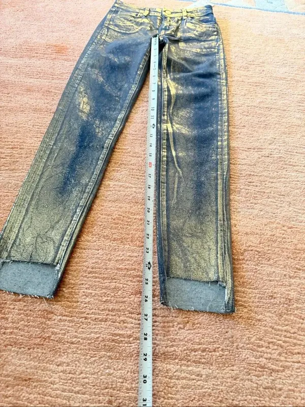 Zara Metallic Gold Coated Skinny Jeans Women Size 0 / EU 32 Blue Gold Stretch NW - Image 7