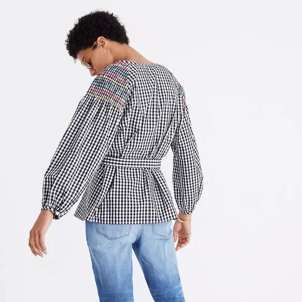 Madewell Smocked Black & White Checkered Gingham Tassel Top with Embroidery S - Image 5