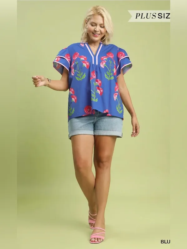 New! Umgee Cotton Plus Size Blue Floral V-Neck Women’s Top Size 2X - Image 3